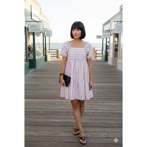 LOFT size 8 Bubble Sleeve Mini Dress Cream Red Coral Stripe Ruffles Tiers
